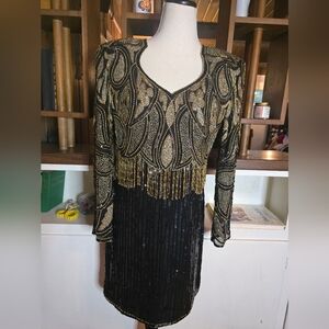 Nagpal Elegant Black and Gold Hand Beaded 100% Silk Dress